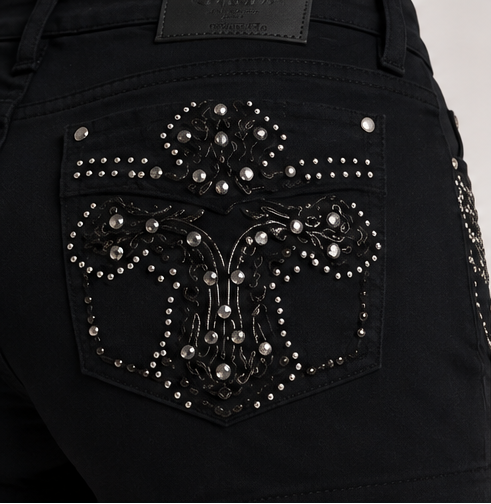 Black Embroidered Cross Denim Shorts