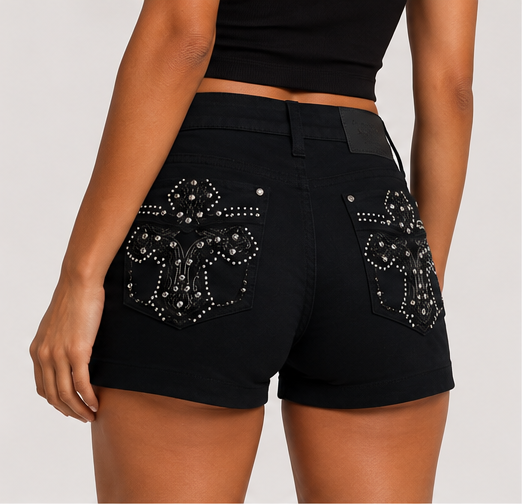 Black Embroidered Cross Denim Shorts