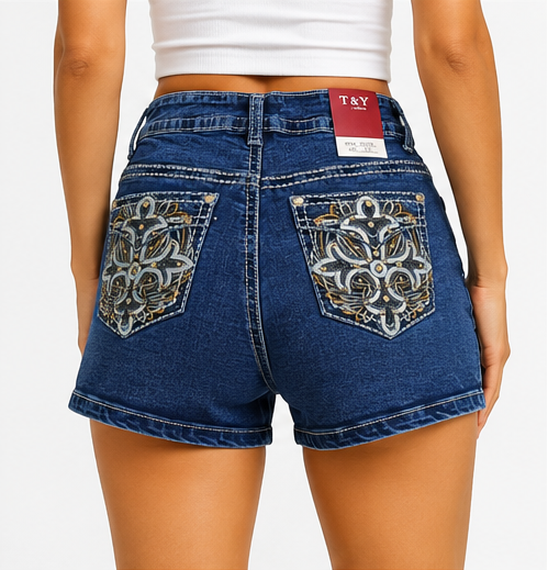 Blue Embroidered Cross Denim Shorts